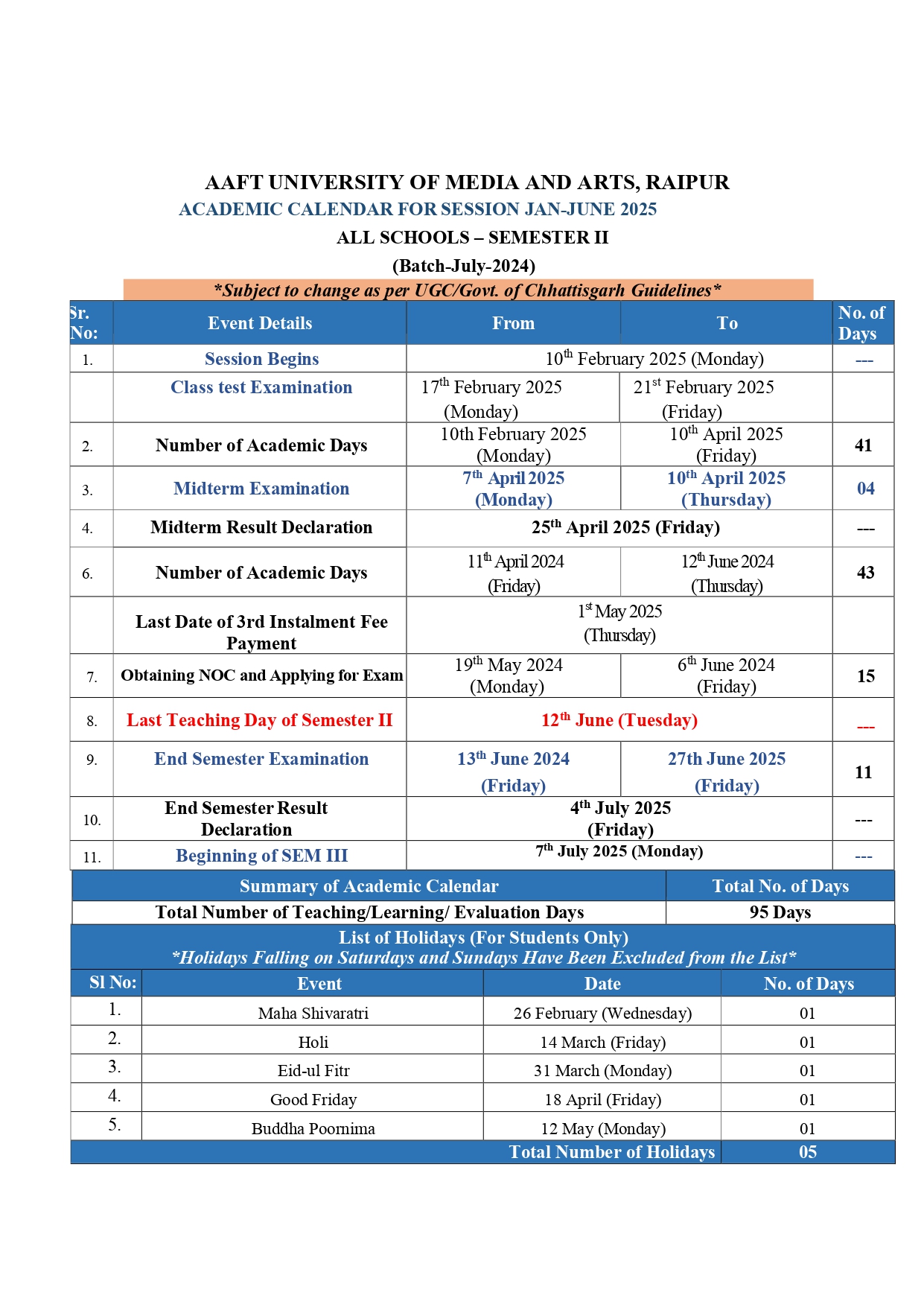 AUR - ACADEMIC CALENDAR 2025- SEMESTER II